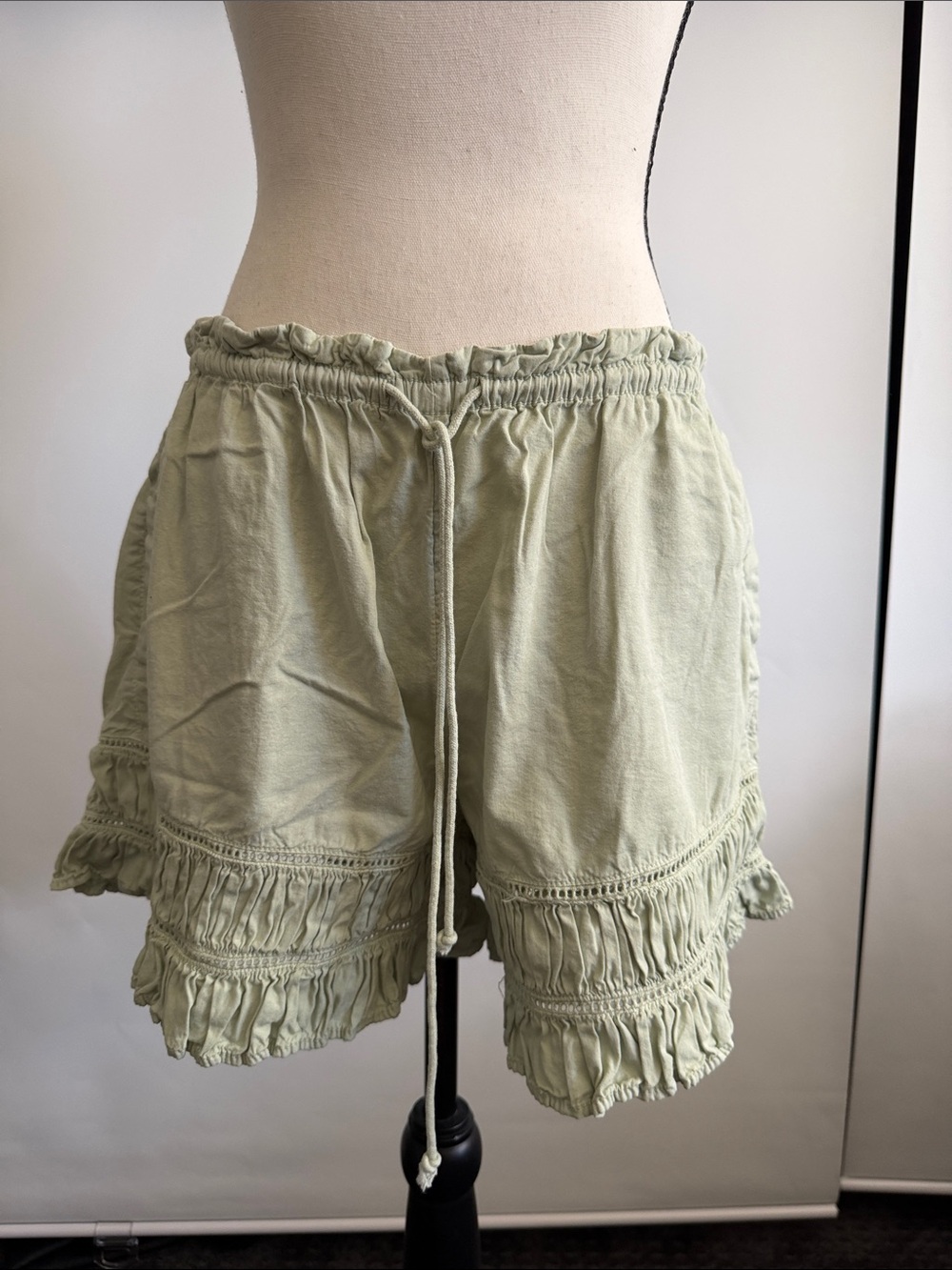 Free People Ruffled Drawstring Shorts in Light Sage